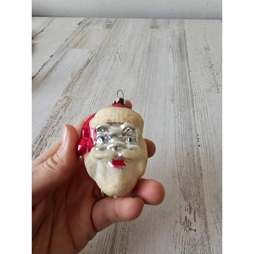 Vintage Santa flocked glass ornament‎ Germany mercury Xmas tree large